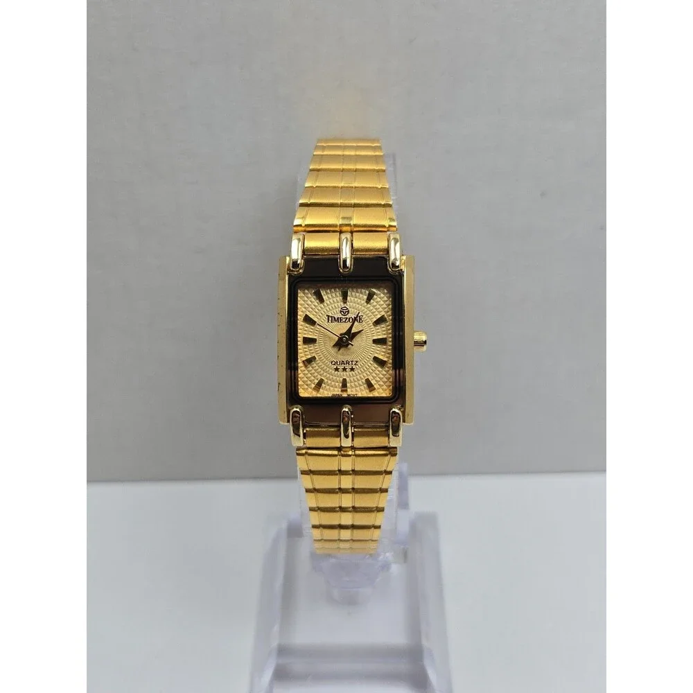 Vintage Womens Timezone 18K Gold Electroplated Tank Dress Watch New Battery